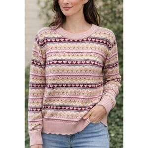 DOWNEAST | Fair Isle Pink Heart Knit Sweater Valentines Day | Large